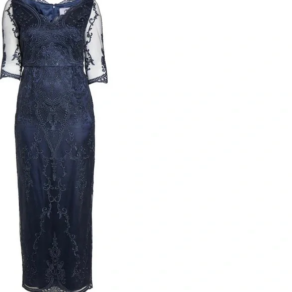 NWT JS Collection Scallop V Neck Embroidered Mesh Gown Size 16W - Picture 5 of 10